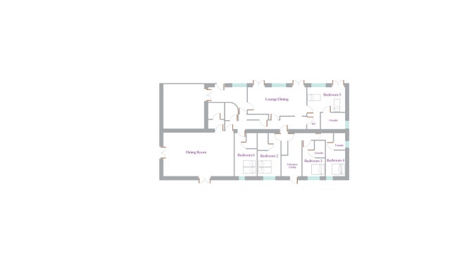 The ground floor plan for Swan Group House, showing the entrance hall, sitting room, dining room, kitchen and five bedrooms with en-suites.